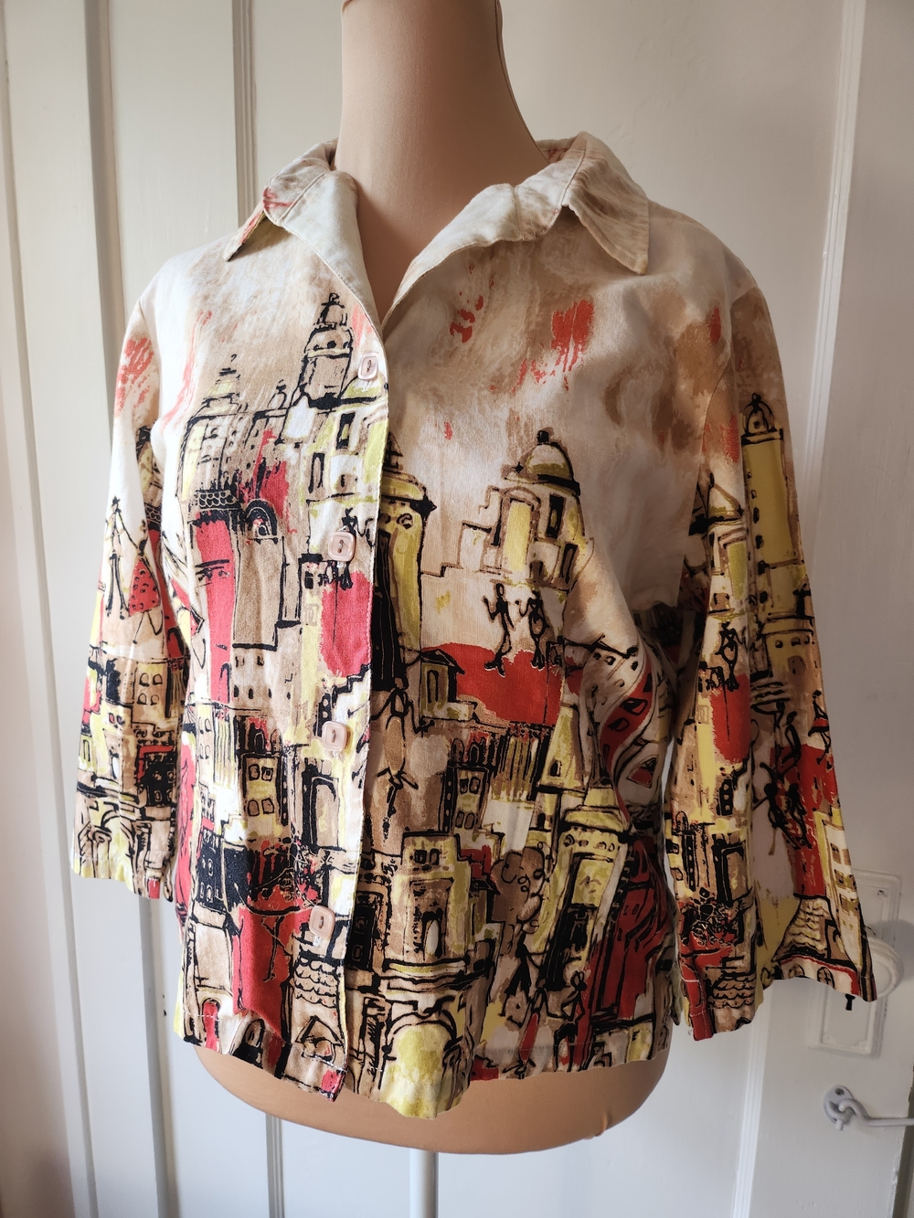 90s Linen 3/4 Sleeve City Print Button Shirt Global Village Coffeehouse